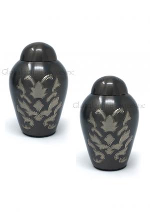 Pack of Two Charcoal Gray Keepsake Urns with Silver Engraved Design – Elegant Mini Memorial Urns for Ashes