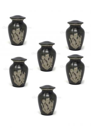 Pack of Six Small Gray Rose Keepsake Urns – Hand-Engraved Mini Memorial Urns for Human Ashes
